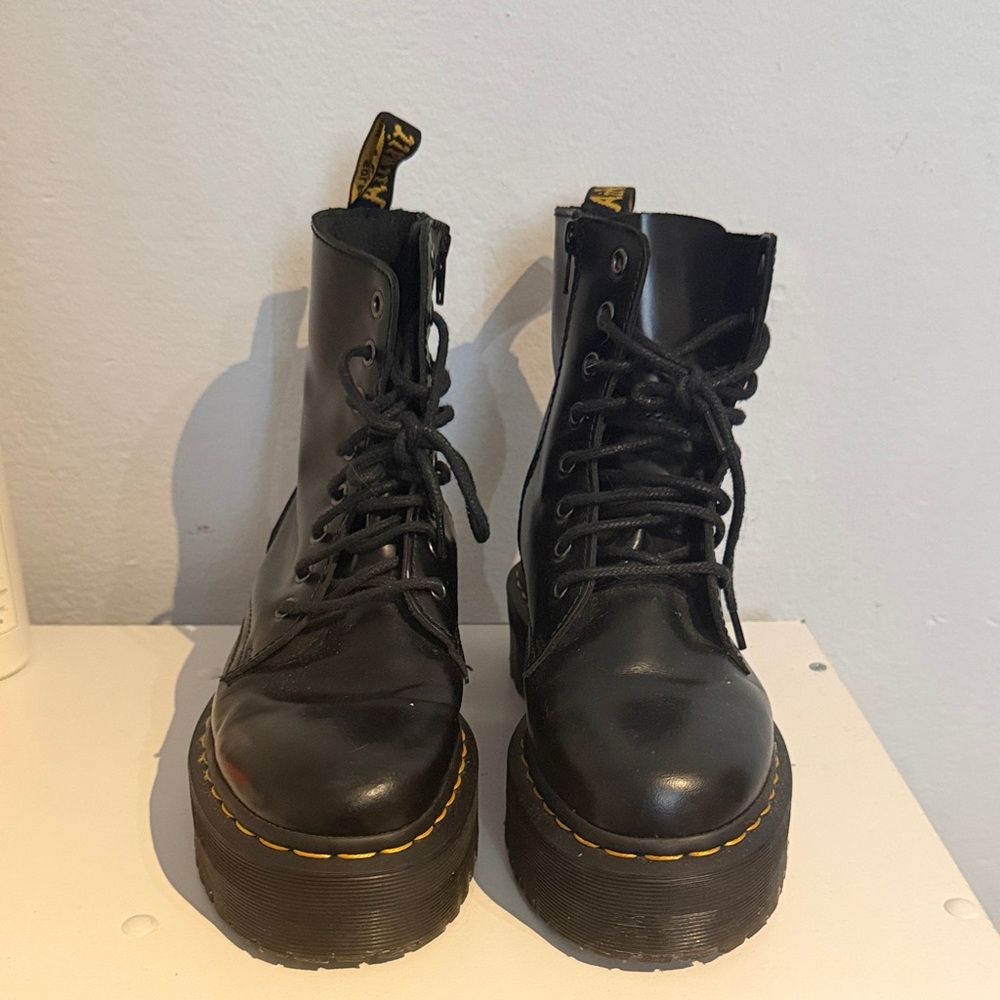 Dr. Marten’s Jadon Black Platform Lace-Up Boots with Yellow Stitching Size 7